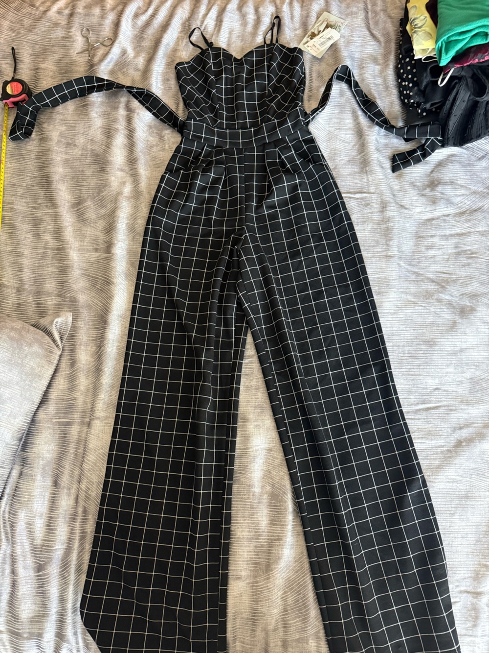 Honey and Rosie Window Pane Waist Tie Wide Leg Crop Jumpsuit Black & White XS
